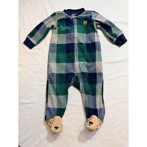 Plaid Fleece Baby Footed Sleeper With Bear Face Feet Green & Blue Size 6M